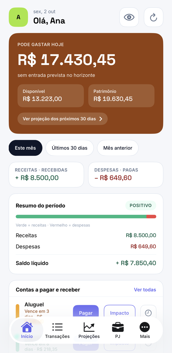 Tela Início do aplicativo NexFlow com saldo disponível, resumo do mês e contas a pagar